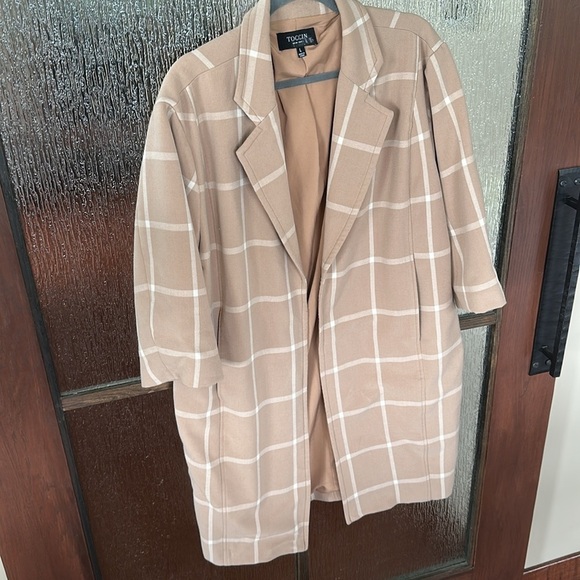 Toccin Nude & White Windowpane 3/4 Sleeve Fully Lined Mid Length Topper Coat  L - Picture 5 of 9